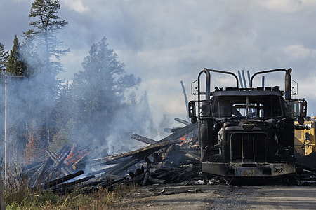 burnt black truck near trees thumbnail