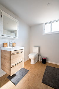 white ceramic toilet bowl beside black pedal trash bin thumbnail