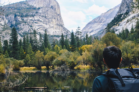 man looking at rocky mountain covered in pine trees thumbnail