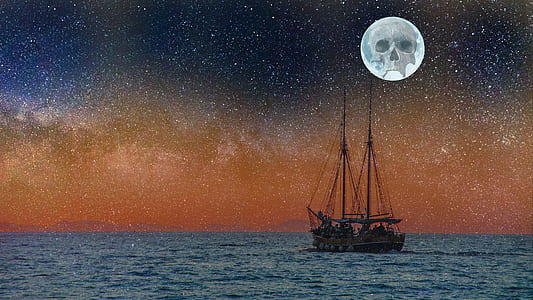 brown wooden sailship under full moon with skull print thumbnail