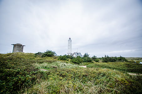 White Lighthouse in the Background of Green Fields thumbnail