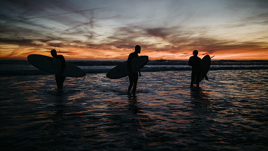 silhouette of three men holding surfboard in body of water thumbnail