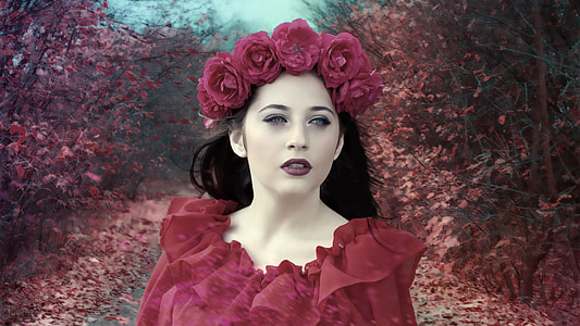 black haired woman wearing red dress portrait thumbnail