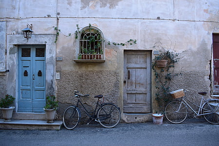 black and gray bicycles near wooden doors thumbnail