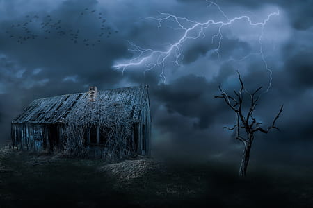 lightning over house and bare tree thumbnail