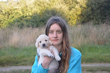 woman carrying golden retriever puppy outdoor thumbnail