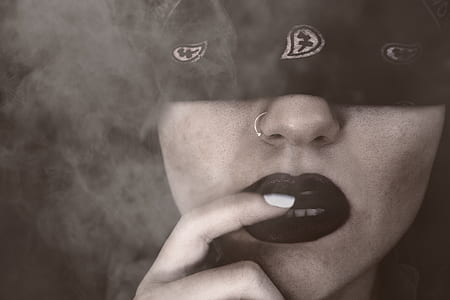 Blindfolded Woman With Finger on Lips Grayscale Portrait thumbnail