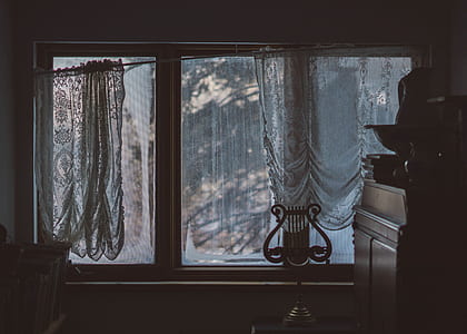 white lace window curtain beside white wooden framed glass window thumbnail