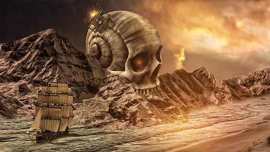 Fantasy Landscape with Ship and Skull thumbnail