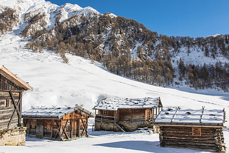 four brown wood house surrounded by snow thumbnail