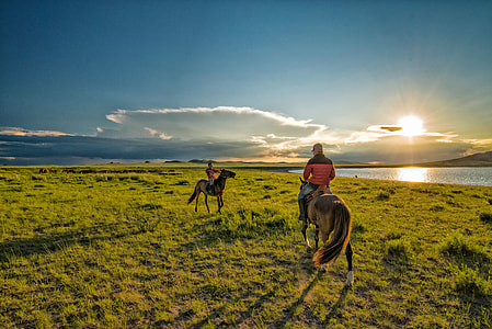 two man riding horse on grass field under blue sky during daytime thumbnail