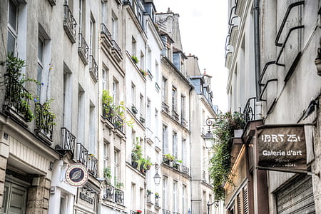 photo of narrow pathway between white concrete buildings thumbnail