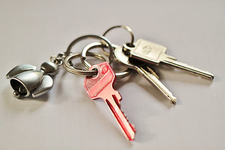 three pink and gray keys with keychain thumbnail