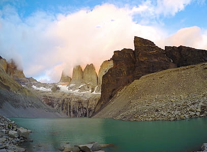 photo of calm body of water between mountain thumbnail