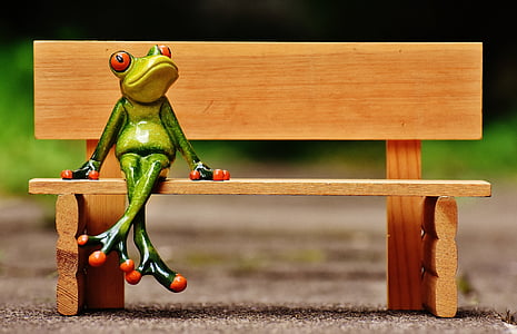 green frog figurine on bench photography thumbnail