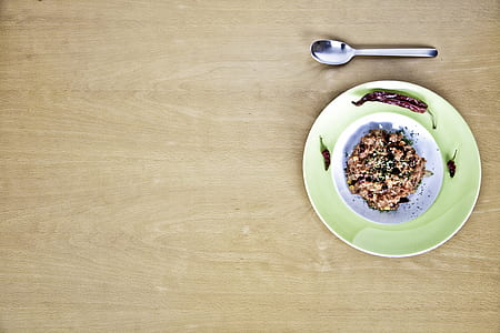 round white and green plate beside spoon thumbnail