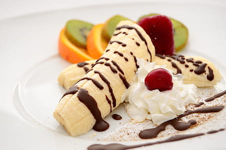 chocolate topped banana with orange and kiwi thumbnail