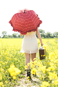 woman walking on flower field holding suitcase and umbrella at daytime thumbnail