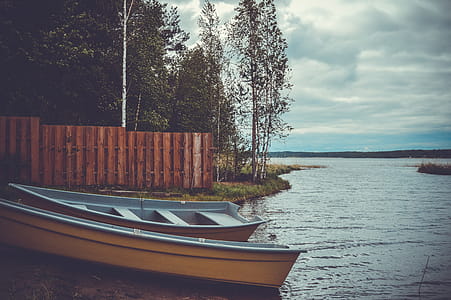 Two Blue and Brown Boats Near Trees thumbnail