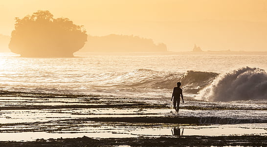 silhouette man walking on seashore during daytime thumbnail