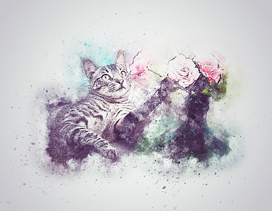 brown Tabby cat with assorted flowers painting thumbnail