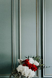 red and white petaled flowers in vase near green painted wall thumbnail