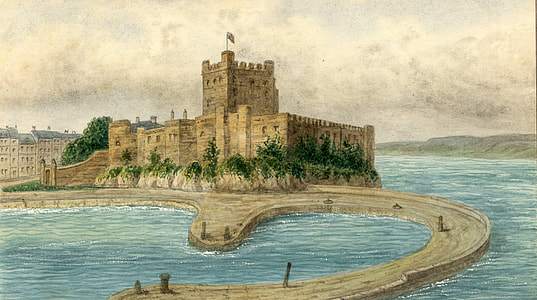Castle and dock of Carrickfergus in 1830 in Ireland thumbnail