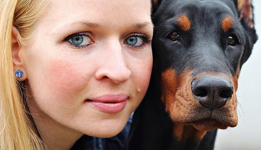 woman's face near brown and black Doberman pinscher taking photo thumbnail