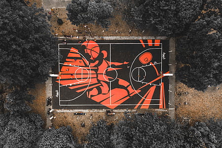 aerial view of black and red basketball court thumbnail
