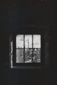 grayscale photo of oriental pearl tower thumbnail