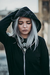 Woman in Black Zip-up Hoodie and Blonde Hair thumbnail