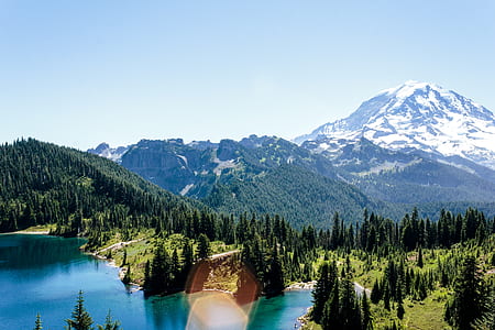aerial photo of green trees and snow mounain thumbnail