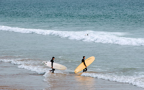 two person walking on shore while holding surfing boards thumbnail