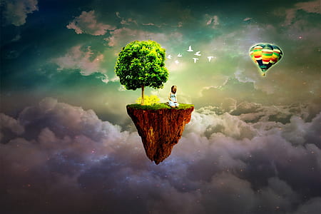 man sitting on floating island above clouds illustration thumbnail