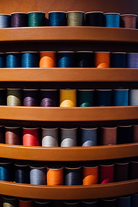 assorted-color thread reel on brown wooden rack thumbnail