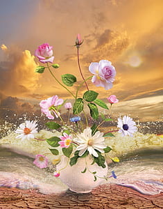 vaseful of pink, white, and blue flowers digital wallpaper thumbnail
