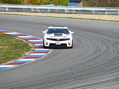 white and black Chevrolet Camaro on race track during daytime thumbnail