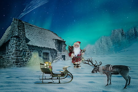 Santa Claus with house on snow with aurora thumbnail