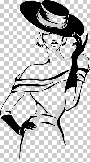 Fashion Model Stock photography Illustration, Black and white fashion girl pattern, woman holding her hat illustration PNG clipart