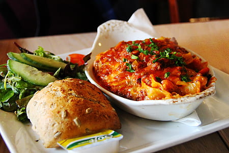 lasagna, bread, and salad thumbnail