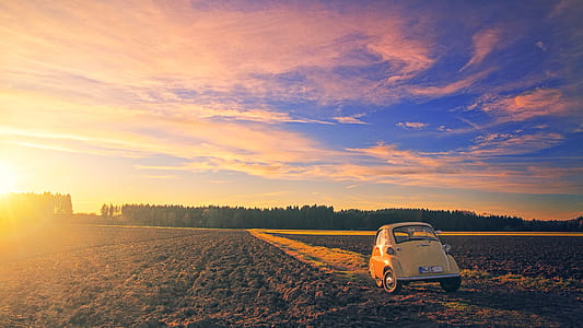 Beetle car in middle of dirt road thumbnail