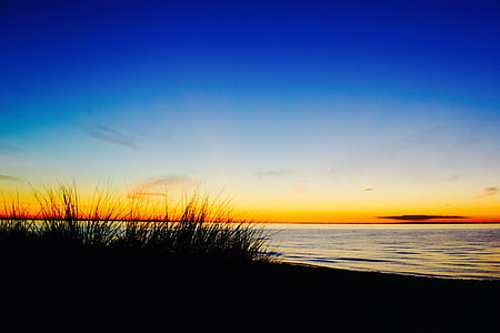body of water and green grass during golden hour thumbnail