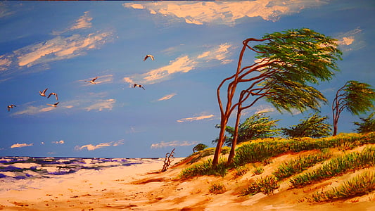 flock of birds flying under blue sky painting thumbnail