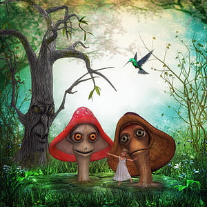 girl under mushrooms animated wallpapers thumbnail