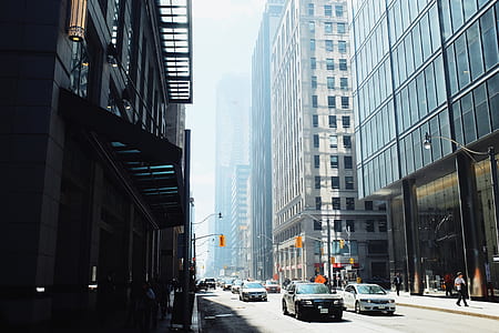 cars between high rise building at daytime thumbnail
