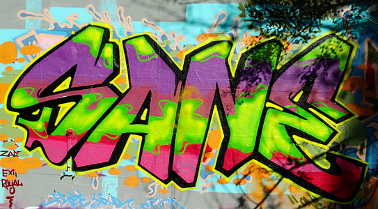multicolored Sane graffiti beside tree thumbnail