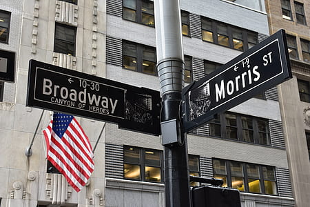 Grey and Black Broadway and Morris Street Signage Near U.s. Flag thumbnail