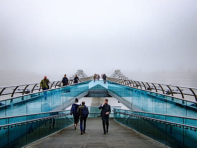 people walking on blue and grey bridge thumbnail