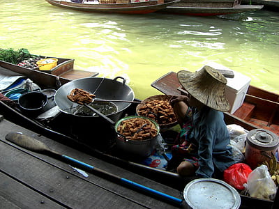 woman inside brown boat at floating market thumbnail