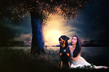 woman with black and mahogany Rottweiler painting thumbnail